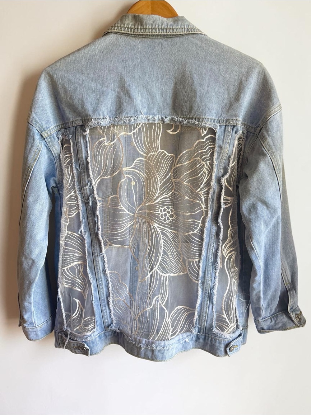 Handmade Denim Jean Jacket with Lace Detail Oversized XS Women's Wedding Bridal